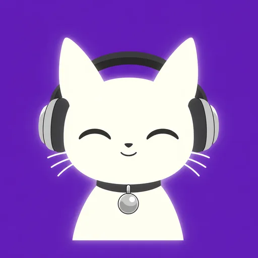 Avatar crop: eyes closed in two calm curves, wearing large over-ear headphones with the band arching between his ears, on a rich violet background.