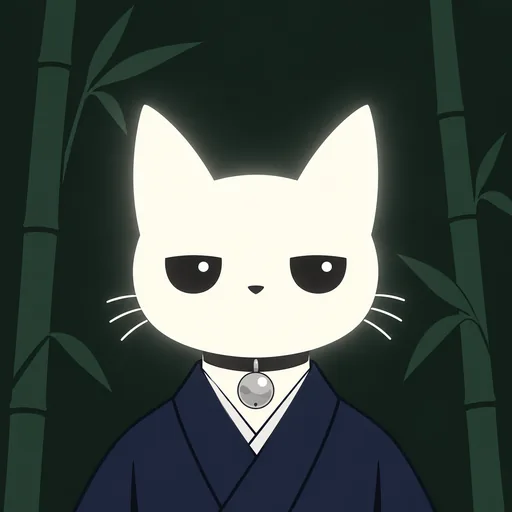 Avatar crop: steady and serious in a dark indigo kimono collar, against flat green-black with a few upright bamboo stalks.