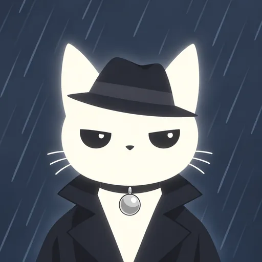 Avatar crop: eyes narrowed in suspicion under a small felt hat with a trench coat collar turned up, against flat rainy blue-grey with long diagonal streaks.