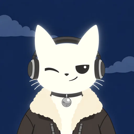 Avatar crop: one eye closed in a wink with a lopsided grin, in a headset and sheepskin collar, against flat night blue with two pale cloud bands.