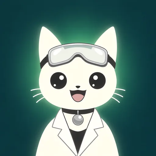 Avatar crop: eyes huge and bright with an open grin, goggles pushed up on his forehead over a lab coat collar, against flat dark teal with a soft green glow.