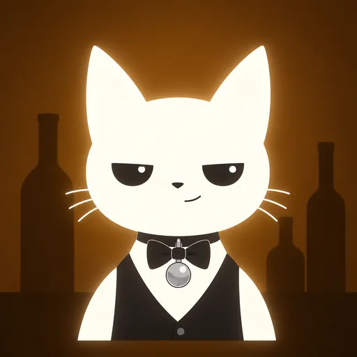 Avatar crop: eyes narrowed to confident slits with a tiny smirk, in a small black bow tie and waistcoat, against flat dark amber with a few bottle silhouettes.
