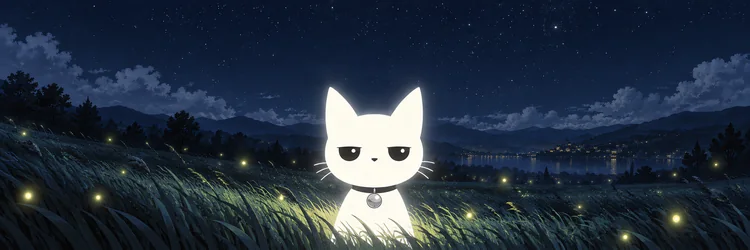 A wide night header: the glowing cat small against a dark lake, hills and a scatter of town lights.