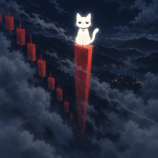 Eyes huge and mouth open in a scream, he clings to the tip of a colossal red candlestick plunging straight down into the dark.