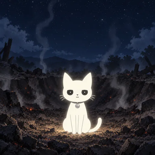 Eyes blank and shoulders slumped, he sits alone in the middle of a smoking crater at night with the ground scorched in a wide ring around him.