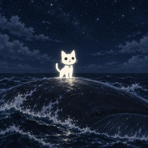 Eyes wide with wonder, he stands small on the vast dark back of an enormous whale breaking the surface of a black midnight sea.