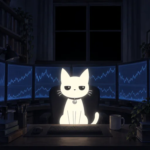 Eyes enormous and manic, he hunches in the dark before a curved wall of monitors showing bare jagged line graphs, an empty mug beside him and the window black.