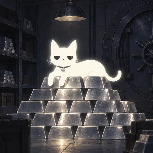 Eyes closed in two happy curves, he lies sprawled on his back on a stacked pyramid of gleaming silver bars in a dim strongroom, one paw behind his head.