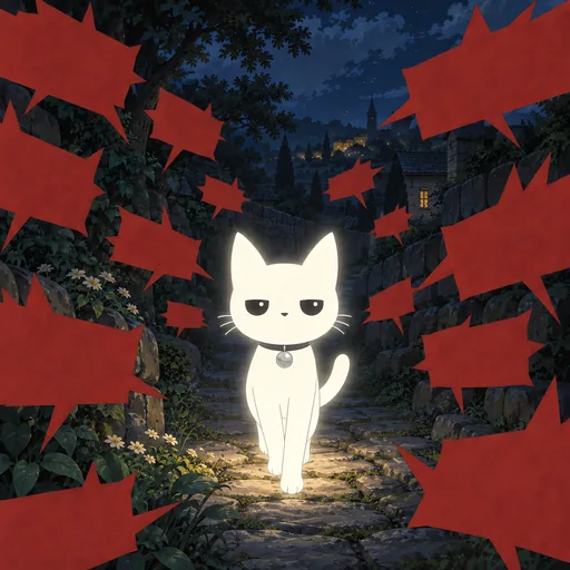 Eyes narrowed in irritation and one paw batting the air, he walks steadily forward through a swarm of angry red pointed speech bubbles that are empty of any words.