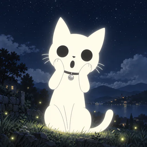 He leans back on the hillside with both paws pressed to his cheeks, eyes enormous dark circles and his mouth a small open O of disbelief.