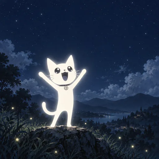 He stands on a grassy hillside at night with both front paws raised and his eyes wide open for once, delighted.