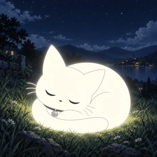 He is curled up asleep in the grass in a tight ball, eyes closed as two calm curves and his mouth a tiny content line.
