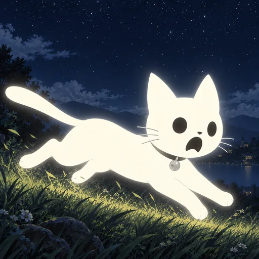 He sprints across the grass in profile with all four legs extended and his tail streaming out behind him, eyes wide with alarm.