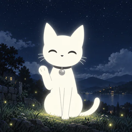 He sits neatly on the hillside with one paw raised in a small polite wave, eyes soft as two gentle curves and a warm little smile.