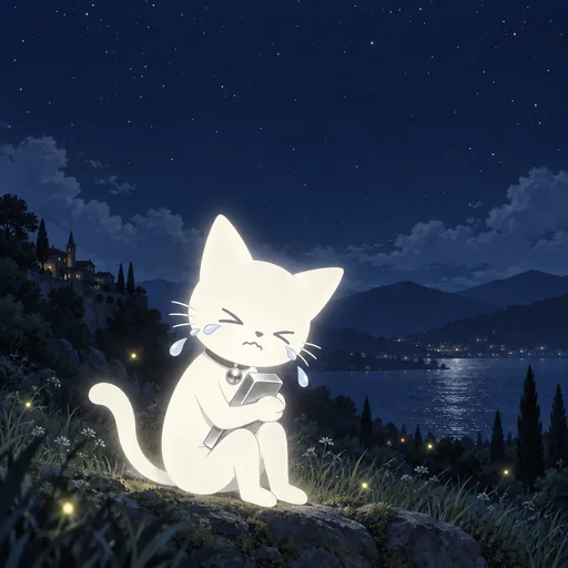 He sits on the hillside sobbing, holding a small phone in both paws with tears running down his face.