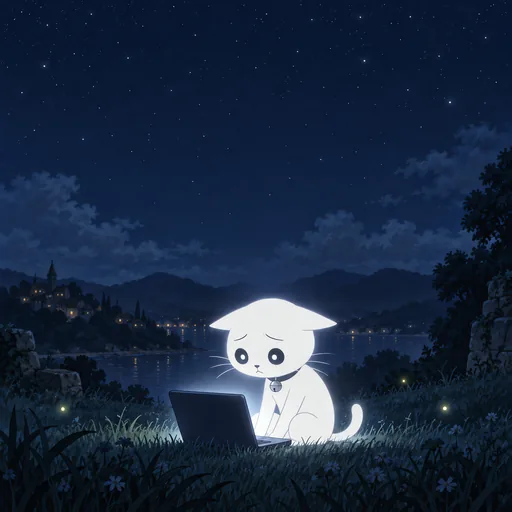He sits in the grass at night in front of an open laptop, screen lighting his face, eyes watery.
