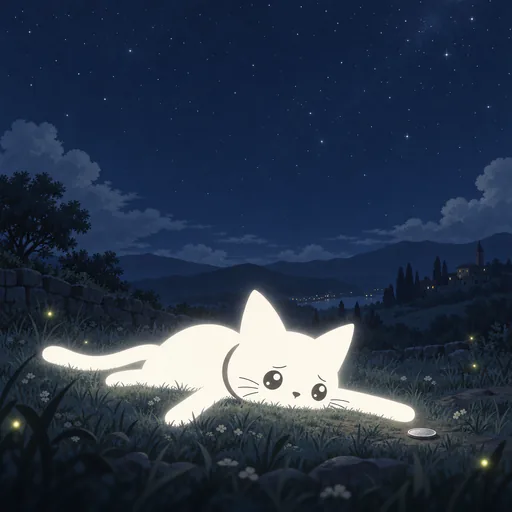 He lies flat out on his side in the dark grass, eyes still open, not moving.