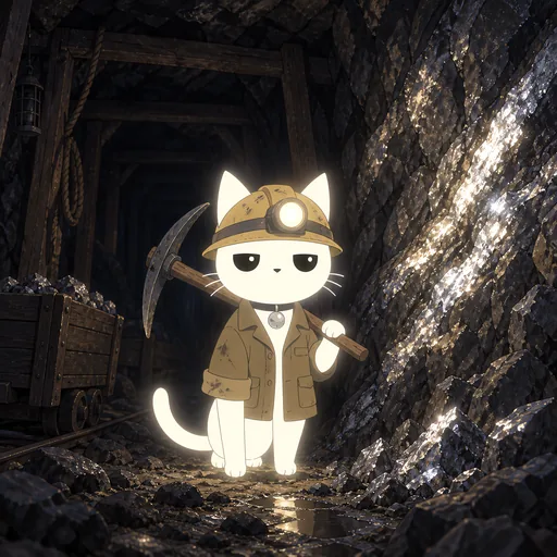 He wears a battered hard hat with a lit headlamp and a canvas work jacket, a pickaxe over one shoulder, in a mine tunnel where a seam of silver glitters in the rock.