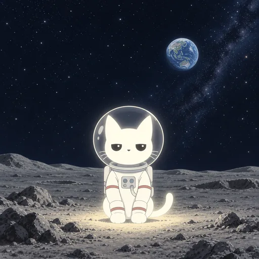 He wears a white spacesuit with a clear bubble helmet, standing on grey moon dust with the Earth small and blue above the horizon.