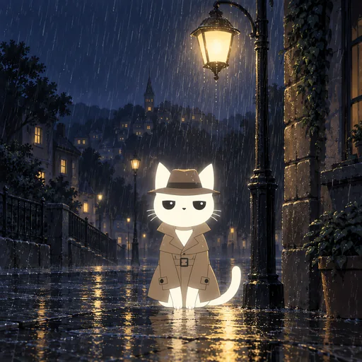He wears a belted trench coat with the collar up and a small felt hat, standing under a street lamp in heavy rain on an empty corner at night.