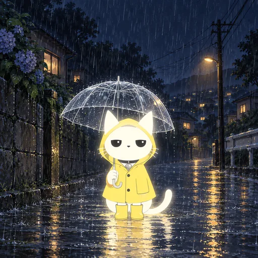 He wears a bright yellow hooded raincoat and holds a clear umbrella, standing in a downpour on a wet street at night with the lights running in the puddles.