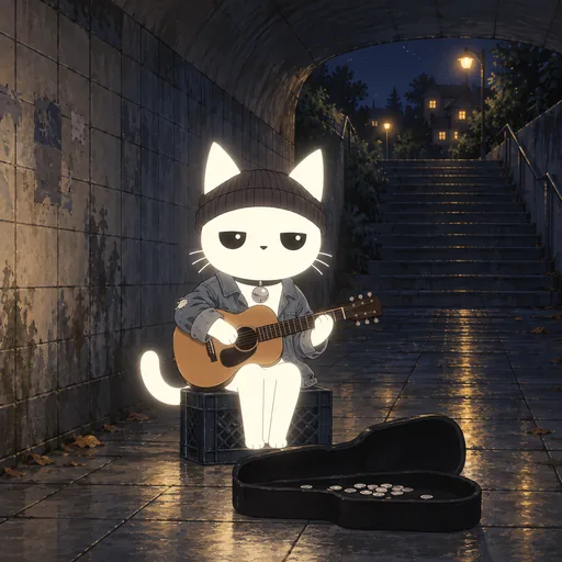 He wears a beanie and a worn denim jacket and holds a small acoustic guitar, sitting on a crate in a tiled underpass with an open case of silver coins in front of him.