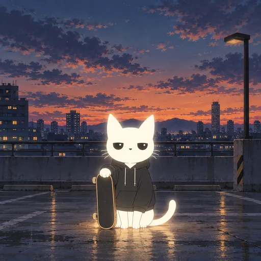 He wears an oversized hoodie and rests one paw on a skateboard, sitting on the empty top deck of a multi-storey car park at dusk with the city skyline behind him.