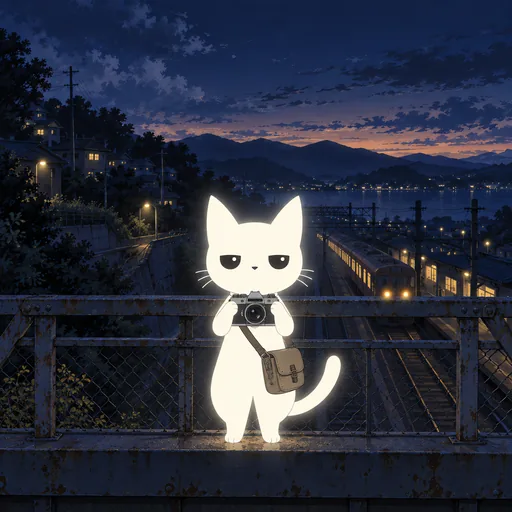 He wears a canvas satchel with an old film camera on a strap round his neck, holding it ready on a steel footbridge over railway tracks at blue hour.