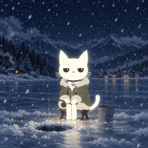 He wears a thick fur-lined parka and sits on a stool beside a hole drilled in a frozen lake with a short rod and a tin bucket, snow falling.