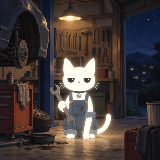 He wears grease-stained blue overalls with the sleeves rolled and holds a large spanner, in a small lit garage at night beside a car up on a ramp.