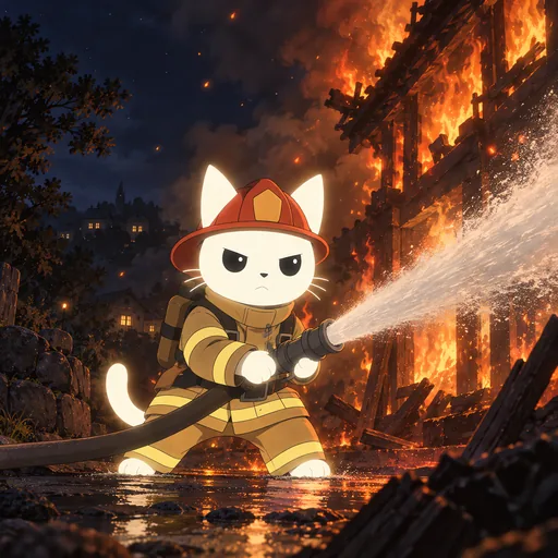 Jaw set and brows down, he braces against a hose in a firefighter's helmet and heavy turnout coat, a building burning behind him at night.