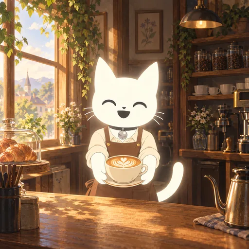 Beaming, eyes two happy curves, he holds out a finished latte with a leaf in the foam, in a brown apron in a small wood-and-brass cafe at dawn.