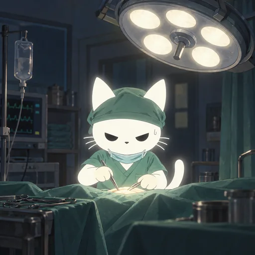 Eyes narrowed to concentrated slits with a bead of sweat at his temple, he works in green scrubs with his mask pulled down, under a hard operating lamp.