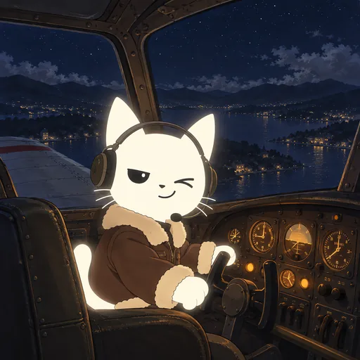 One eye closed in a wink and a lopsided grin, he sits in a sheepskin flight jacket and headset in the lit cockpit of a small plane at night.