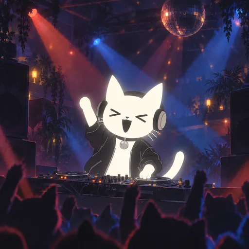 Eyes screwed shut and mouth wide open mid-shout with one paw thrown up, he stands behind decks in big headphones in a dark club cut by coloured beams.