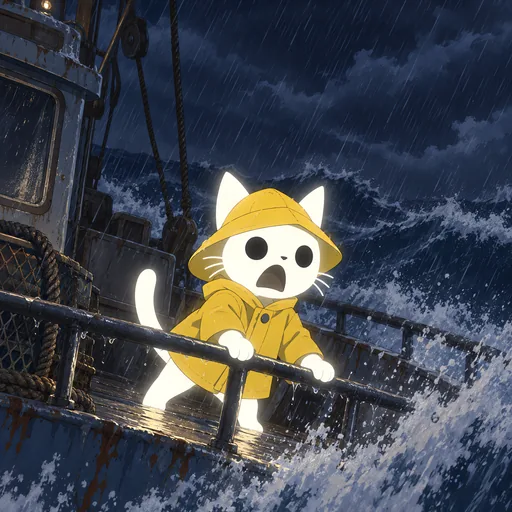 Eyes huge and mouth open in a yell of warning, he grips a rail in a yellow oilskin and sou'wester on the pitching deck of a boat in a night storm.
