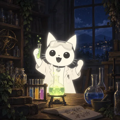 Eyes enormous and bright and his mouth open in a grin of discovery, he raises a test tube in a lab coat and goggles at a bench of bubbling glassware.