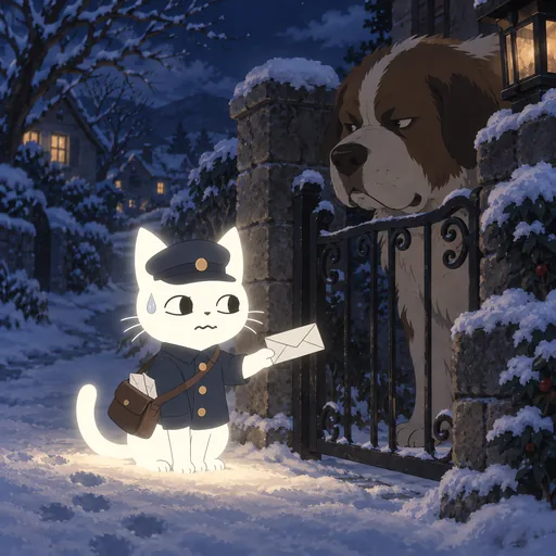 Eyes darting sideways with a big sweat drop at his temple, he holds out one envelope at a garden gate in a postal uniform while a very large dog watches.