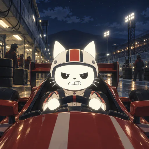 Teeth gritted and eyes blazing with concentration, he grips a steering wheel in a racing suit and open-faced helmet in a floodlit pit lane at night.