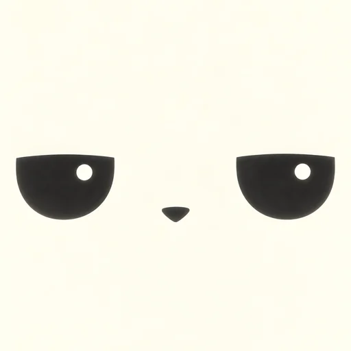 An extreme close crop of his face: two flat dark half-lidded eyes and a tiny nose on warm off-white, filling the whole square.