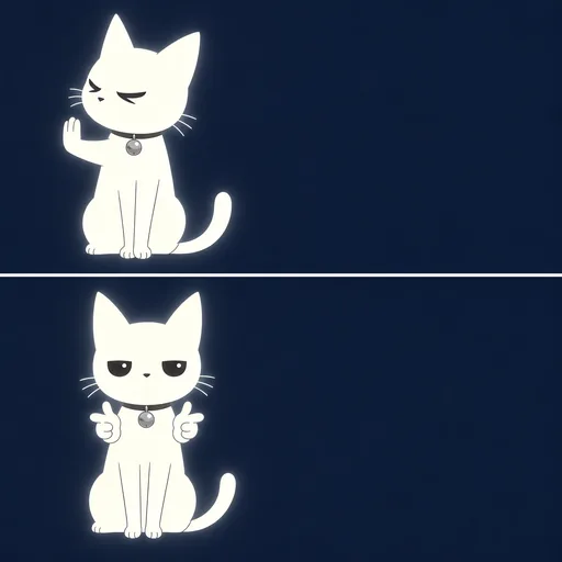 Two panels on flat navy. Above, he turns away with a paw raised in refusal. Below, he points in approval. Empty space beside each.