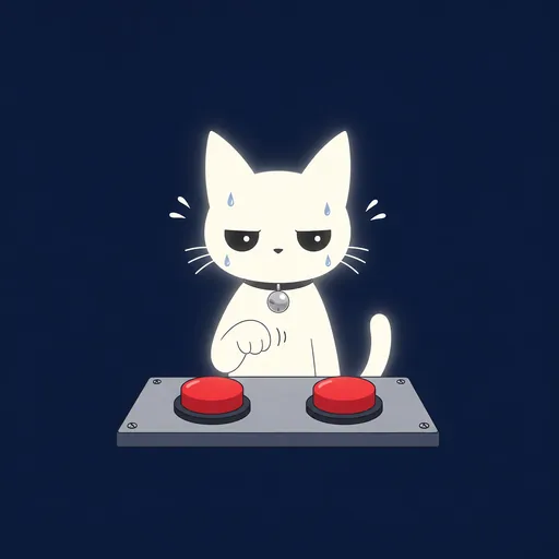 He sweats over a panel holding two big red buttons on flat navy. Both buttons are blank.