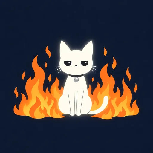 He sits calmly in a ring of orange flames on flat navy, entirely unbothered.