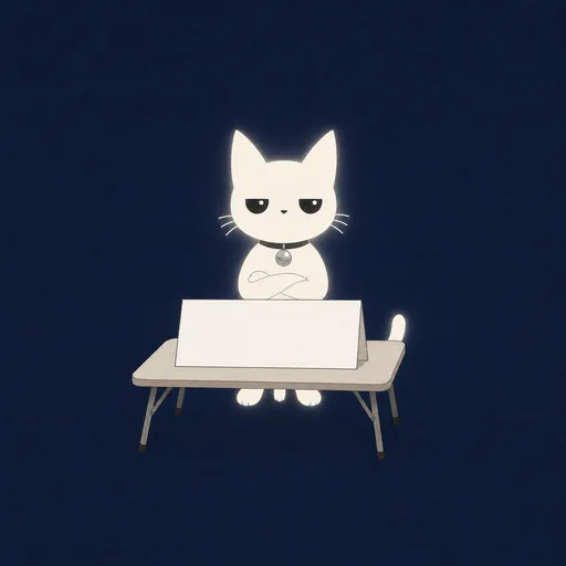 He sits behind a folding table on flat navy with a blank white sign propped on it.
