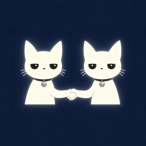Two of him shake paws in the middle of flat navy, both entirely deadpan.