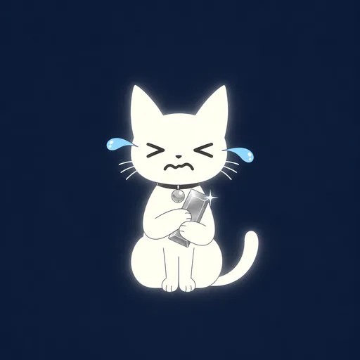 He sits crying over a small phone held in both paws, on flat navy.