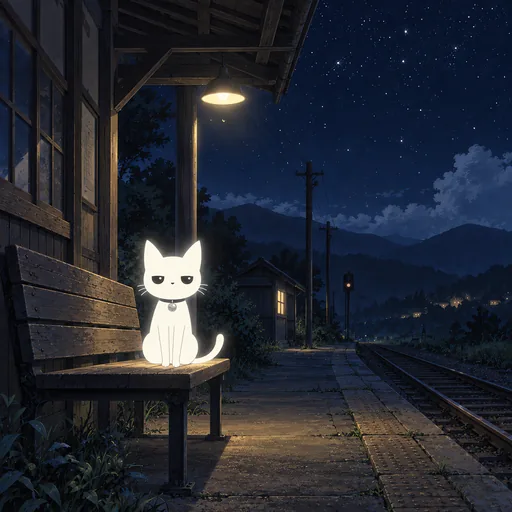 He sits on a bench on an empty rural train platform at night, one lamp buzzing overhead and the rails running off into the dark.