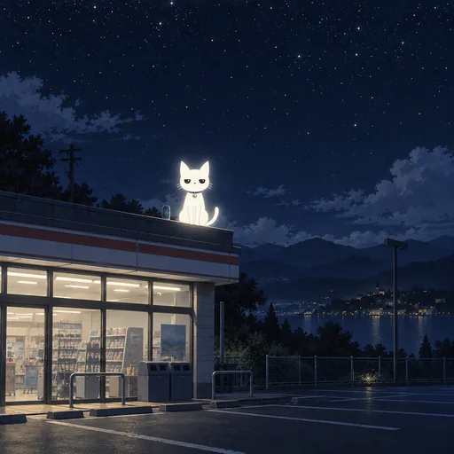 He sits on the roof edge of a lit convenience store at night, an empty car park below and dark hills behind.