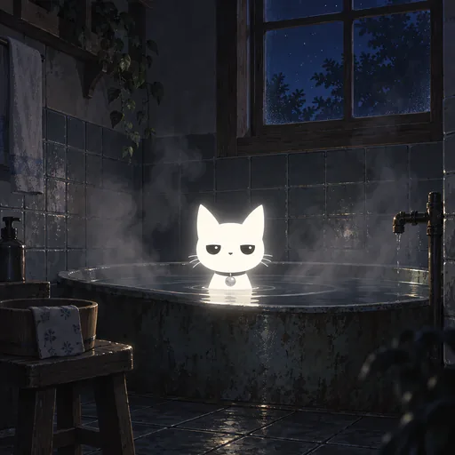 He sits up to his shoulders in an old tub of still water in a dim tiled room, steam curling around him.