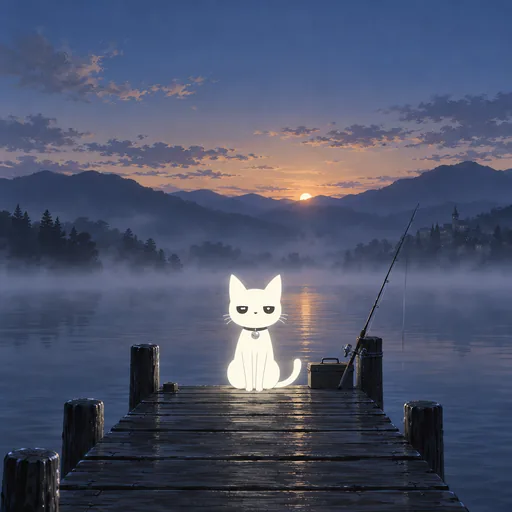 He sits at the far end of a long wooden pier, mist on flat water and a low moon over the lake.